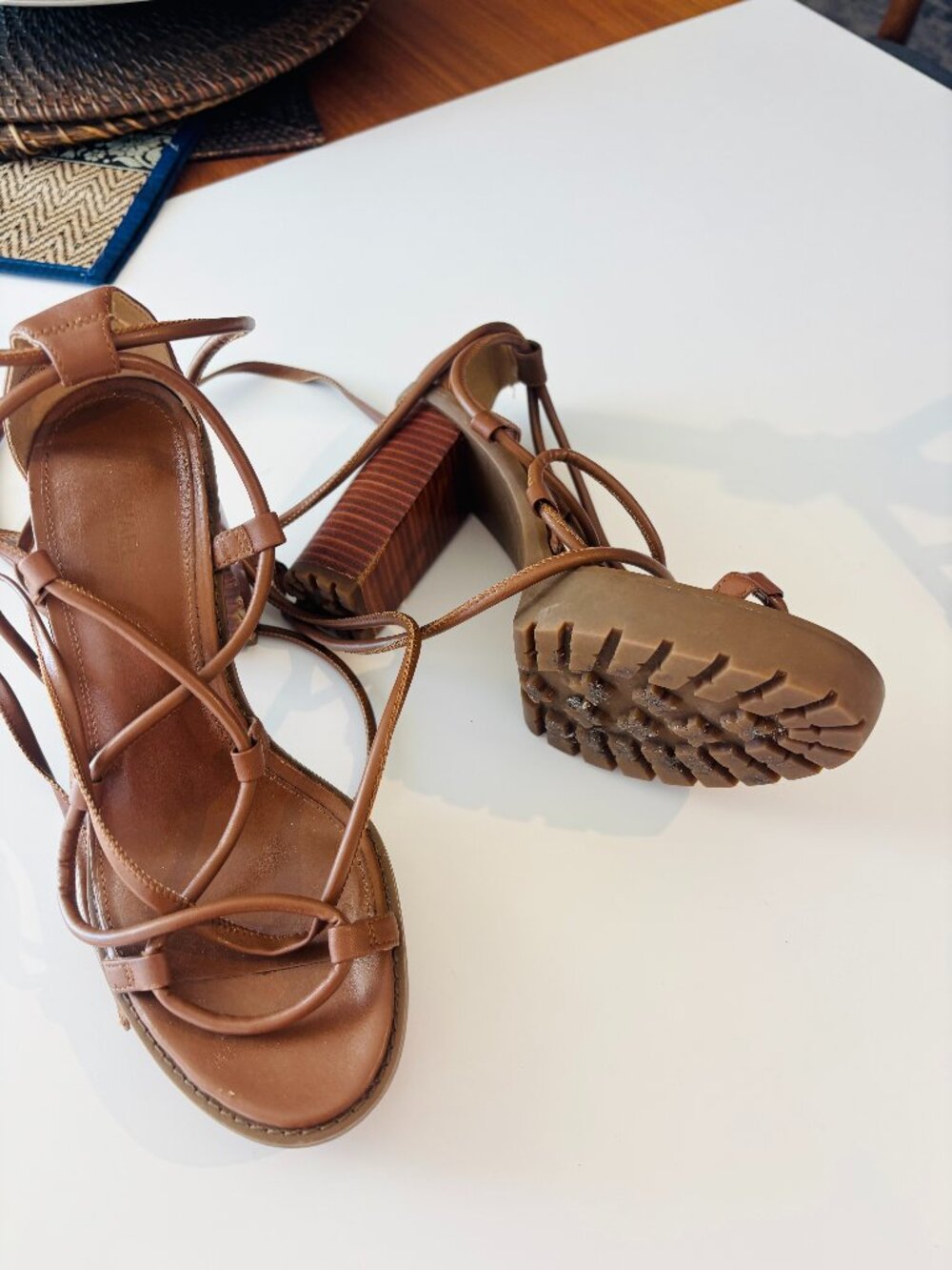 Michael Kors Cognac Leather Lace-Up Block Heel Sandals